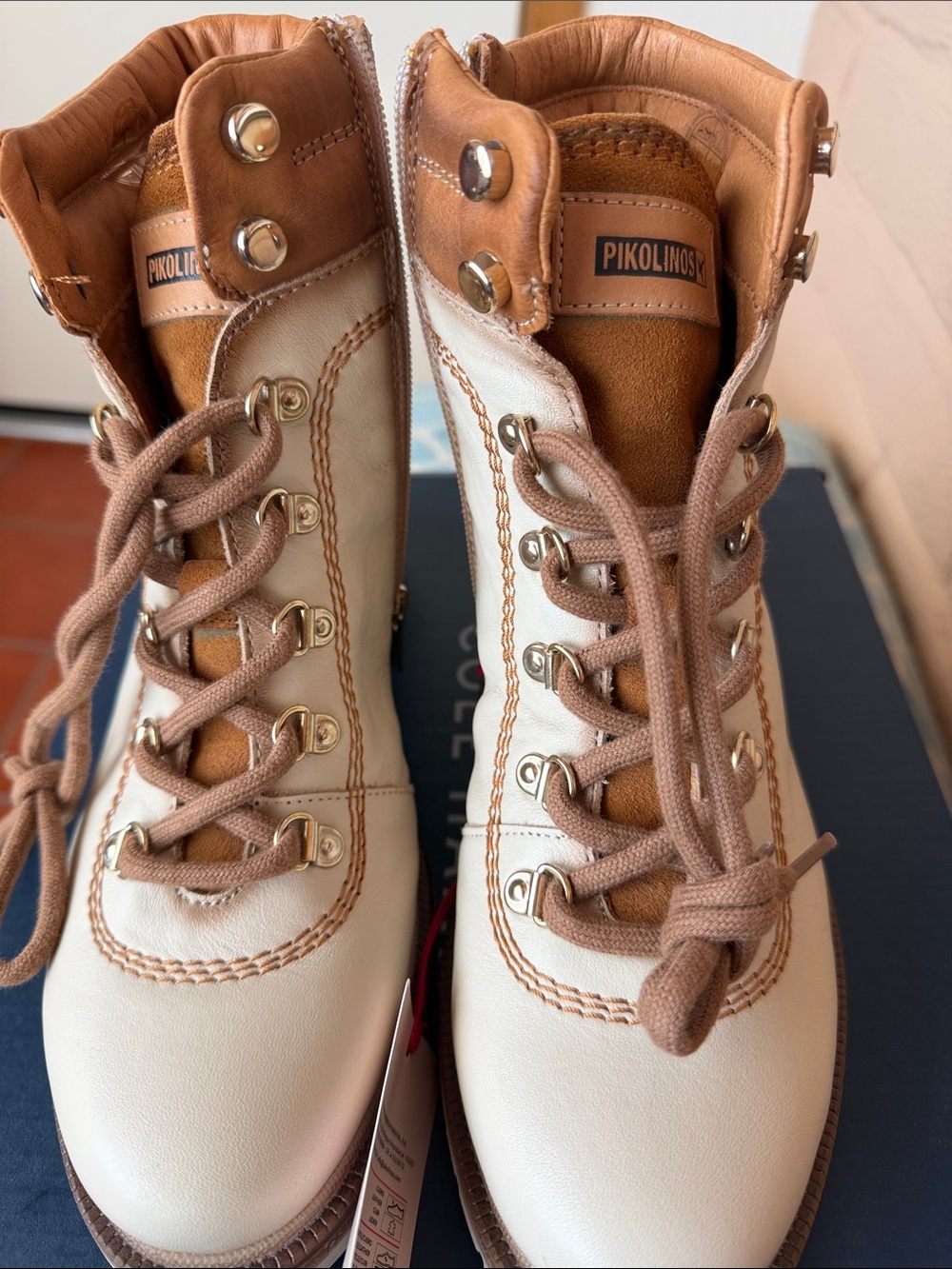 PIKOLINOS Cream and Brown Lace-Up Leather Hiking Boots